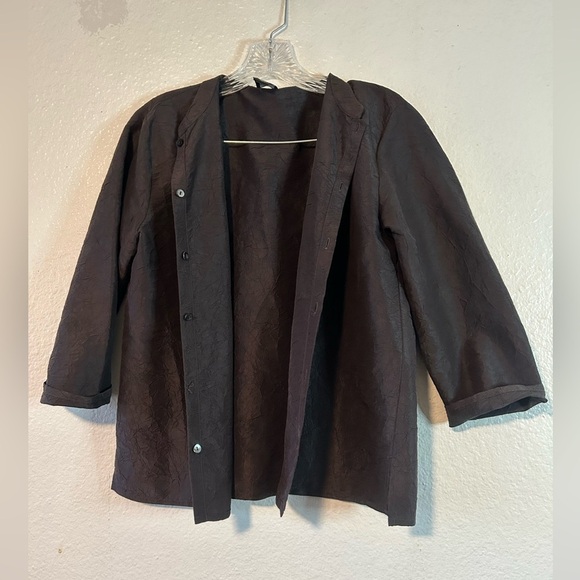 Eileen Fisher Brown Silk Hidden Button Crinkled Cardigan Small Lagenlook - Picture 1 of 11
